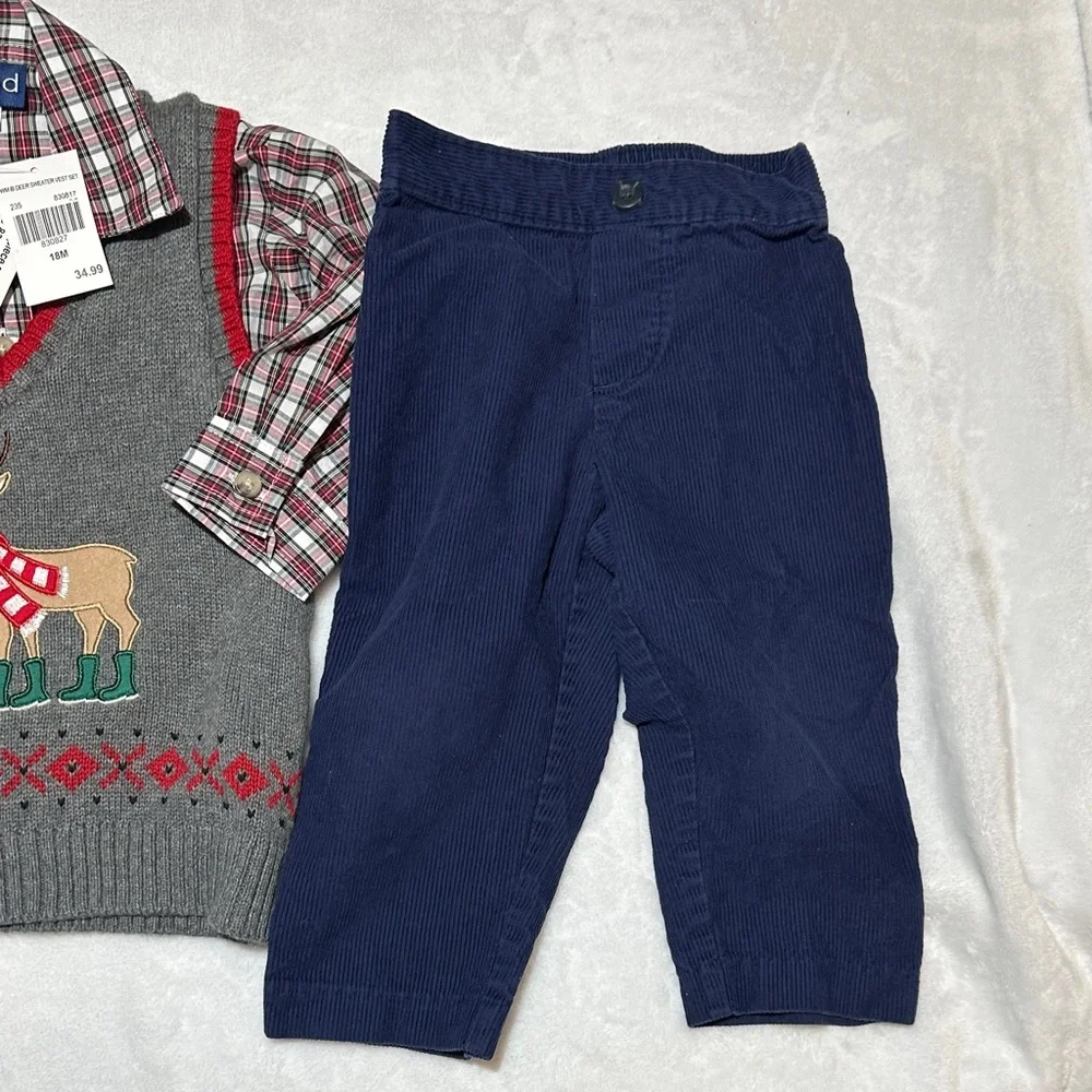 NWT Goodlad 3pc Gray Reindeer Sweater Vest,Plaid Shirt, and Blue cord Pants 18mo